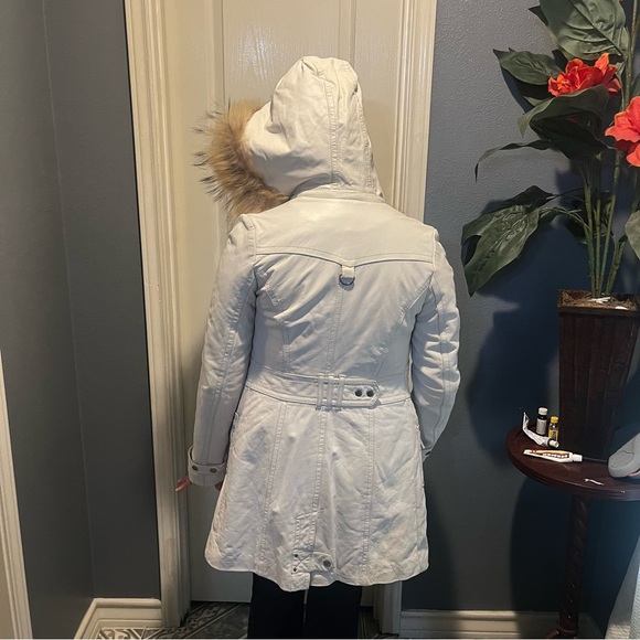 Miss Top Gun Long leather bomber jacket fur lined hooded pinup girl lined size s - Picture 6 of 12